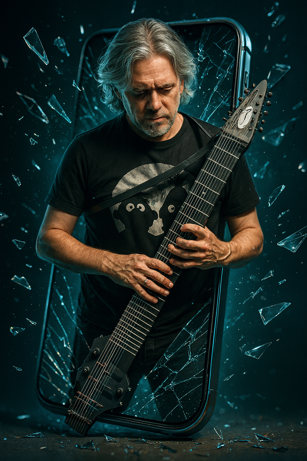 Musiker mit Chapman Stick, umgeben von zersplittertem Glas
